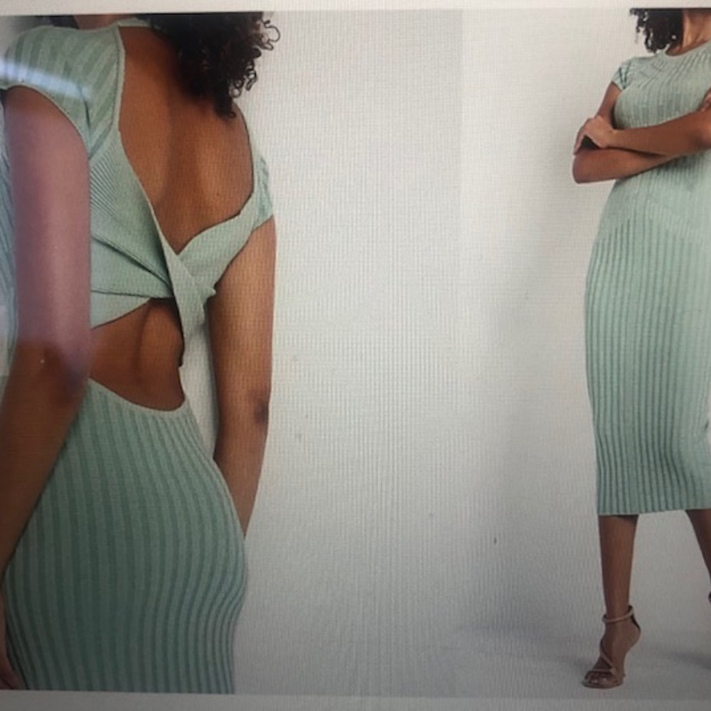 Express Ribbed Twist Back Short Sleeve Midi Sweater Dress